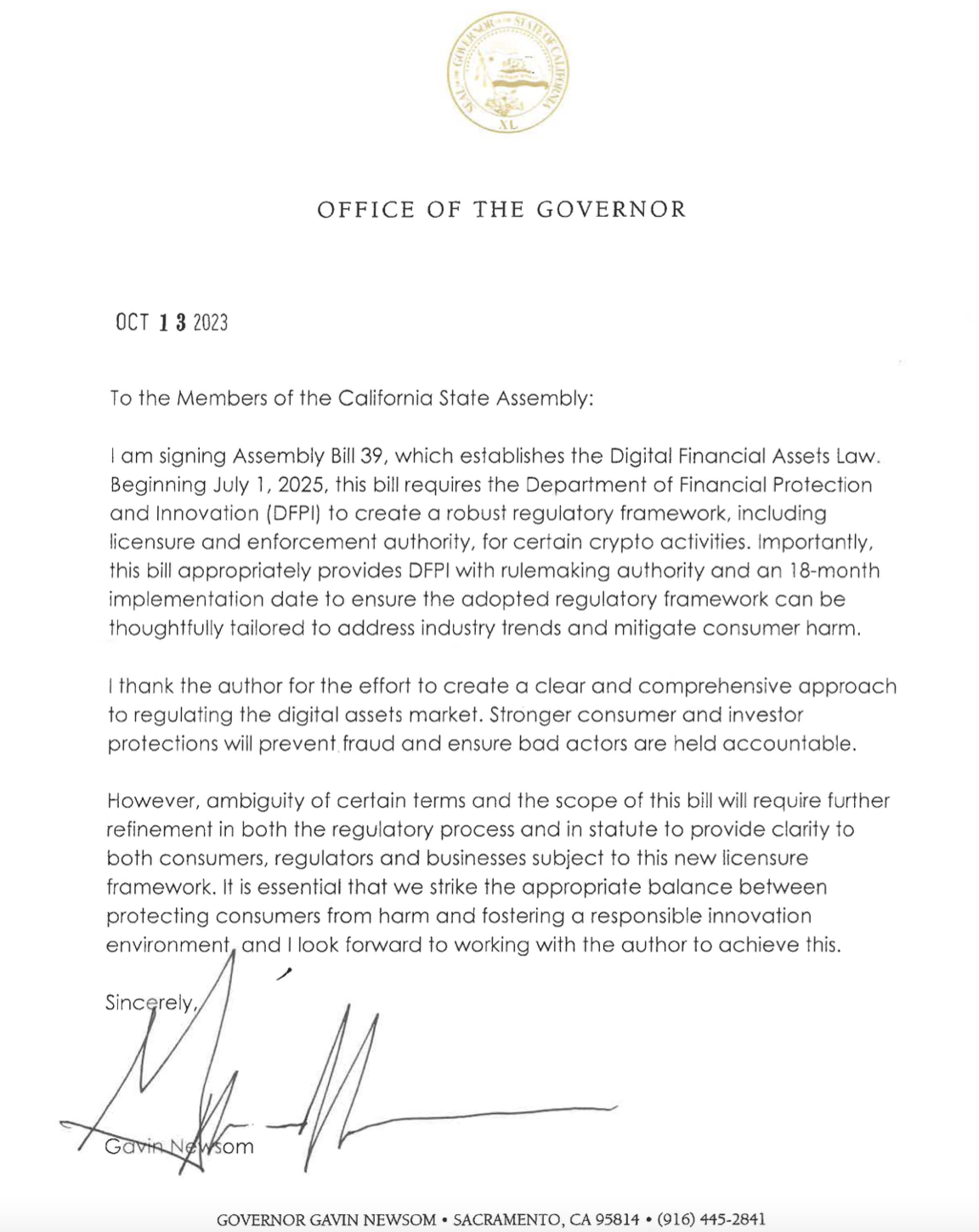 California Gov. Newsom greenlights crypto regulation bill for 2025